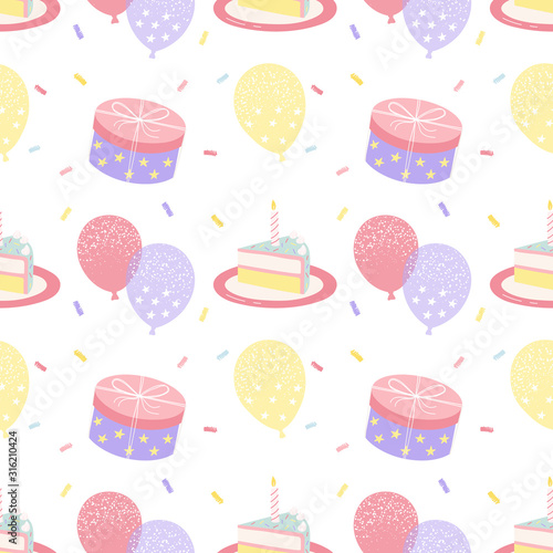 Cute seamless pattern, holiday cake, balloons, gift. Happy Birthday. Print for packaging, fabric, wallpaper, textile on a white background.