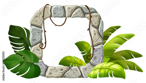 Stone board decoration liana branches and tropical leaves. Isolated vector cartoon square frame with space for text on white background.