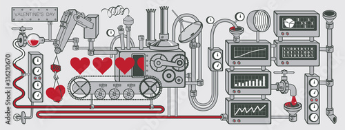 Vector banner on the theme of Valentine's Day with red hearts and a decorative love factory. Illustration with a love conveyor, laboratory or industrial equipment, devices, sensors, mechanisms.