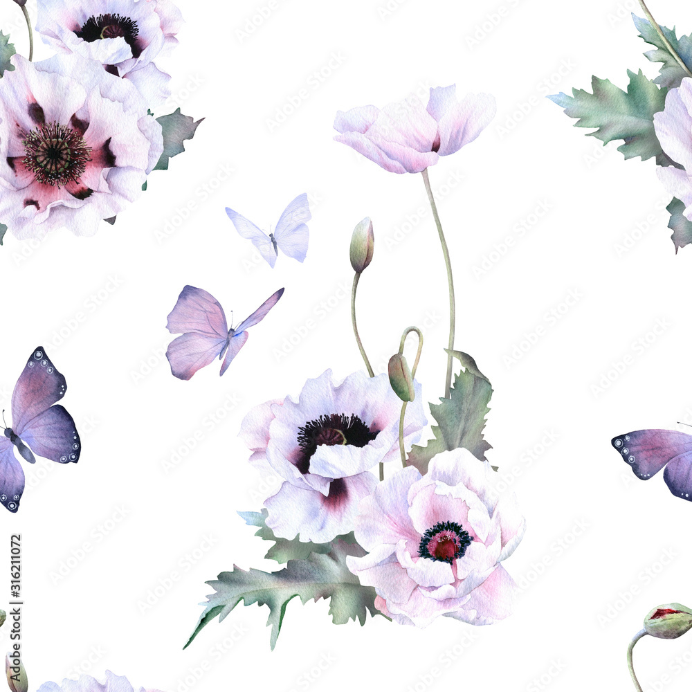 Obraz Picturesque seamless floral pattern depicting white poppies arrangements with green leaves, buds and butterflies hand drawn in watercolor isolated on a white background. Watercolor floral pattern.