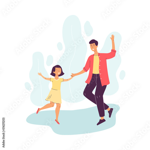 Cheerful father dancing with his daughter flat vector illustration isolated