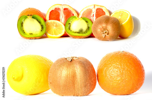 Fruit set isolated on white  lemon  kiwi  orange and grapefruit photo