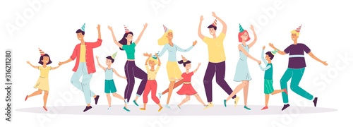 Group of diverse cheerful people dancing flat vector illustration isolated.