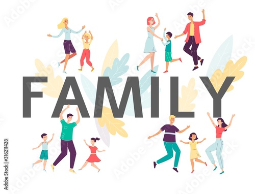 Family big letters with happy people dancing  flat vector illustration isolated.