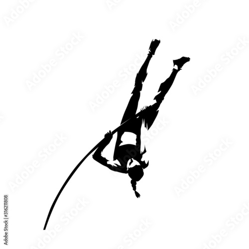 Pole vault, woman athlete, isolated vector silhouette, ink drawing