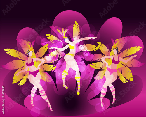 Three sexy women in feathered costumes dance an incendiary Samba. Bright vector illustration on the theme of carnival.