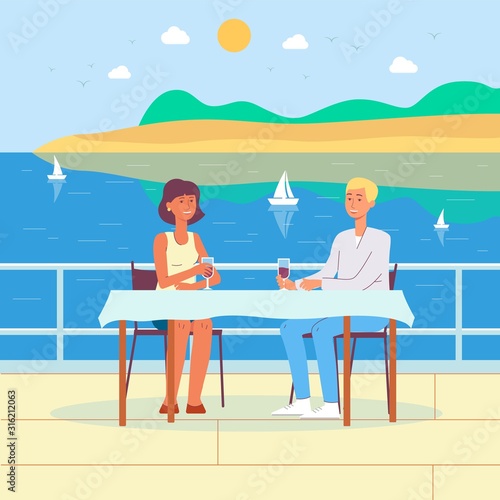 Summer sea vacation background with romantic couple flat vector illustration.