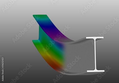 A simple supported I-beam bending under uniform distributed load. Isometric view 3D Illustration of mesh deformation and plot of normal stresses from finite element analysis on grey gradient backround