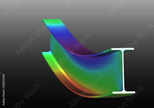 A simple supported I-beam bending under uniform distributed load. Isometric view 3D Illustration of mesh deformation and plot of normal stresses from finite element analysis on grey gradient backround photo