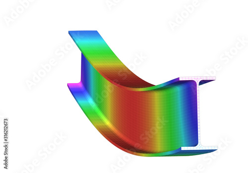 A simple supported I-beam bending under uniform distributed load. Isometric view 3D Illustration of mesh deformation and plot of deflections from finite element analysis on white backround
