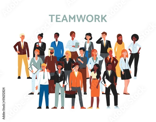 Teamwork banner with multi ethnic business team flat vector illustration.