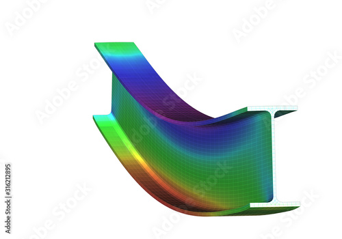 A simple supported I-beam bending under uniform distributed load. Isometric view 3D Illustration of mesh deformation and plot of normal stresses from finite element analysis on white backround