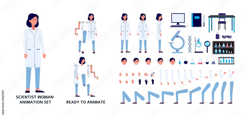 Scientist woman character constructor set, flat vector illustration isolated.