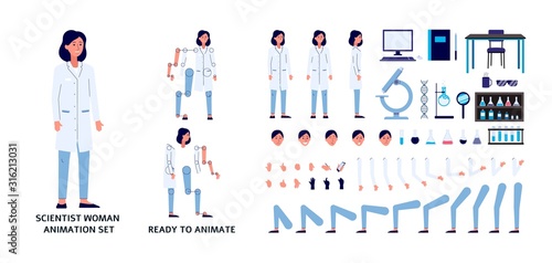 Scientist woman character constructor set, flat vector illustration isolated.