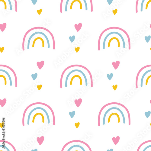Seamless pattern of rainbows and hearts on a white background.