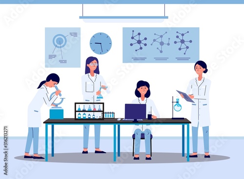 Scientist researchers female characters in laboratory, flat vector illustration. © sabelskaya