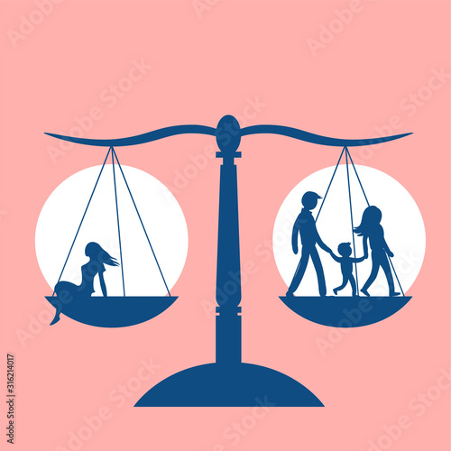 Silhouettes of a family and a lonely girl on different scales. The topic of choice and decision making about the future. Vector illustration.