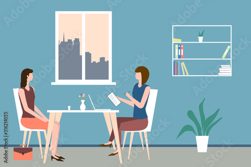 Two women sit at a table in a cozy office. Concept of interview, consultation, insurance, resume submission, business negotiations, reception in state institutions and bodies. Vector illustration.