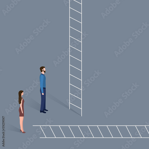 Concept of gender inequality and discrimination. Business woman and man in front of a corporate ladder with different opportunities. A metaphor for a career problem. Vector illustration in flat style.