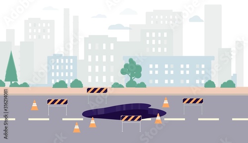 Cityscape with road under construction and road signs, flat vector illustration.