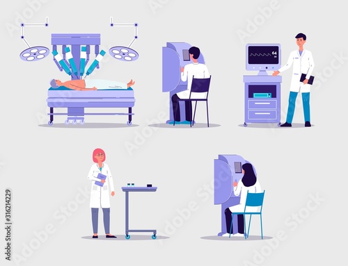 Robot-assisted surgery set with surgeons, flat vector illustration isolated.