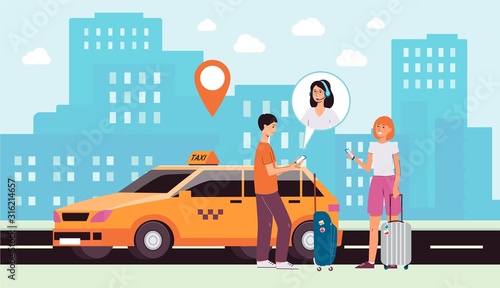 Cityscape background with taxi car and people flat vector illustration.