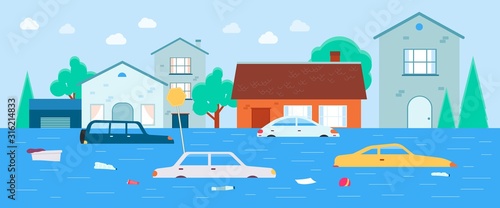 Houses and transport flooding under water flat vector illustration background.