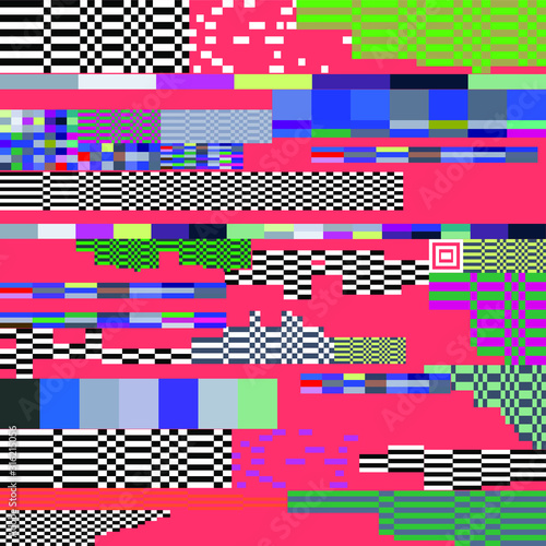 Abstract geometric background with glitch art VHS effect of pixel sorting. Mosaic of random colorful pixels like in 8bit video game.