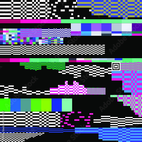 Abstract geometric background with glitch art VHS effect of pixel sorting. Mosaic of random colorful pixels like in 8bit video game.