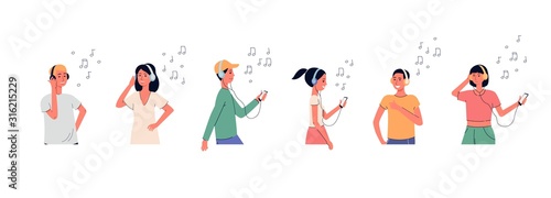 People in headphones listening music set of flat vector illustration isolated.