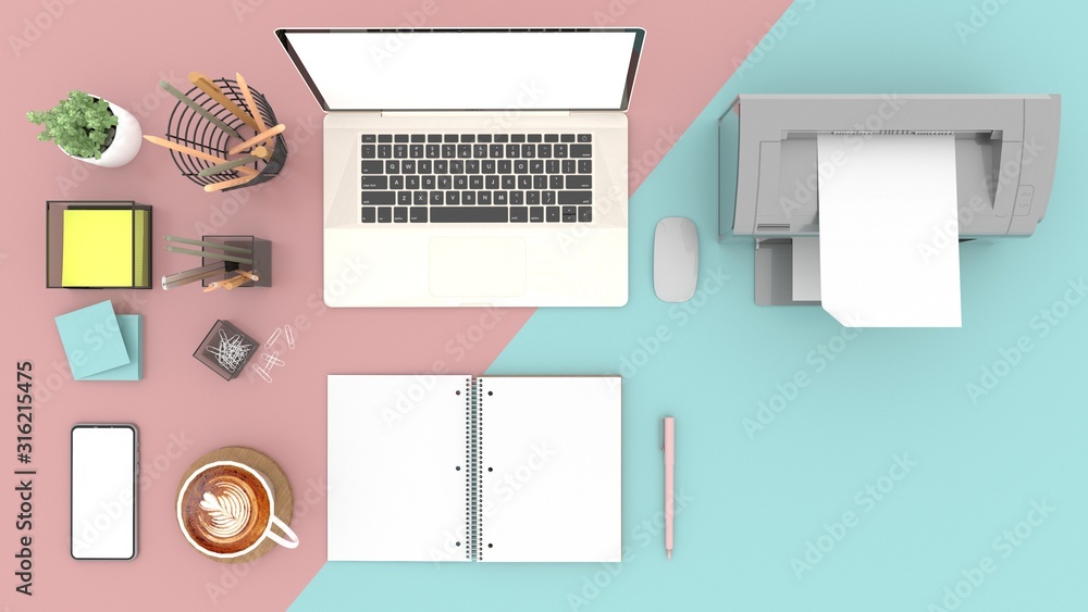The top view is a simulation of laptops, Printer, Post-It, coffee, cactus, paper, Notebook,Pencil,pen and Smartphone white screen, resting On a Pink and blue pastel table, illustration, 3D rendering. The top view is a simulation of laptops, Printer, Post-It, coffee, cactus, paper, Notebook,Pencil,pen and Smartphone white screen, resting On a Pink and blue pastel table, illustration, 3D rendering.