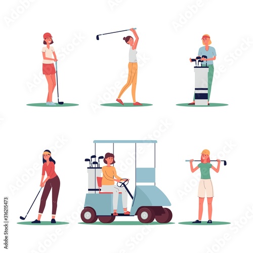 Woman golf player set with sport equipment flat vector illustration isolated.