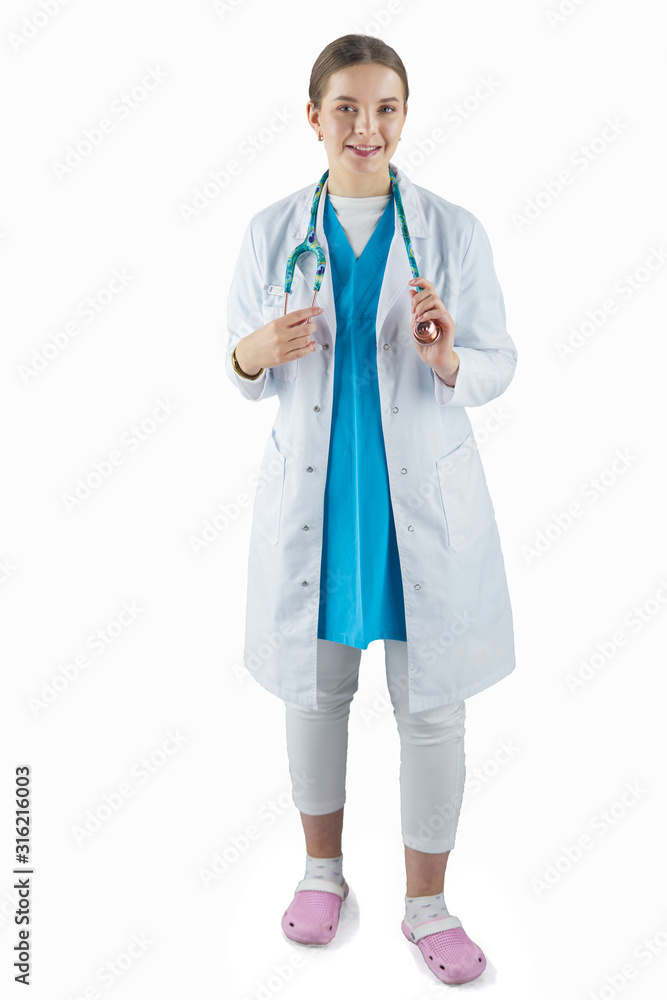 Smiling medical doctor woman with stethoscope. Isolated over white background Smiling medical doctor woman with stethoscope. Isolated over white background