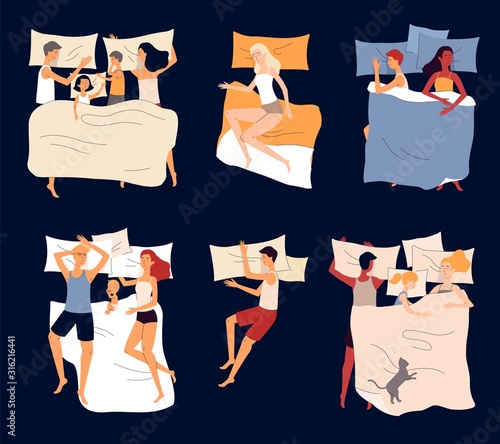 Cartoon family sleep position set - parents, children, single people sleeping