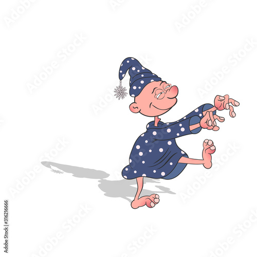 Cartoon character suffering from sleepwalking walks in a dream. Vector illustration on a white background with shadow.