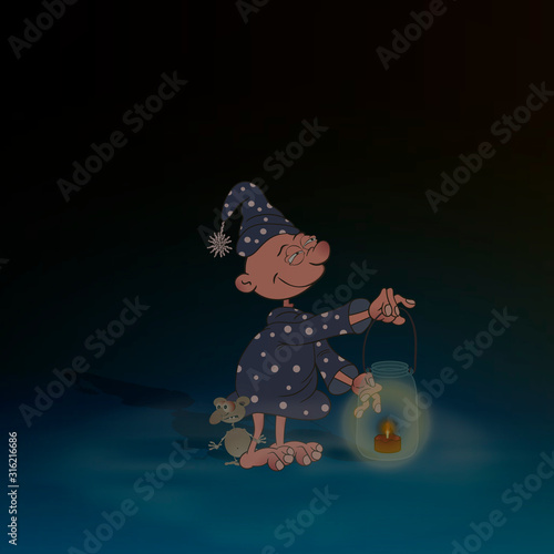 A cartoon character suffering from sleepwalking stands in the dark and holds a makeshift lamp in his hand. Vector illustration.