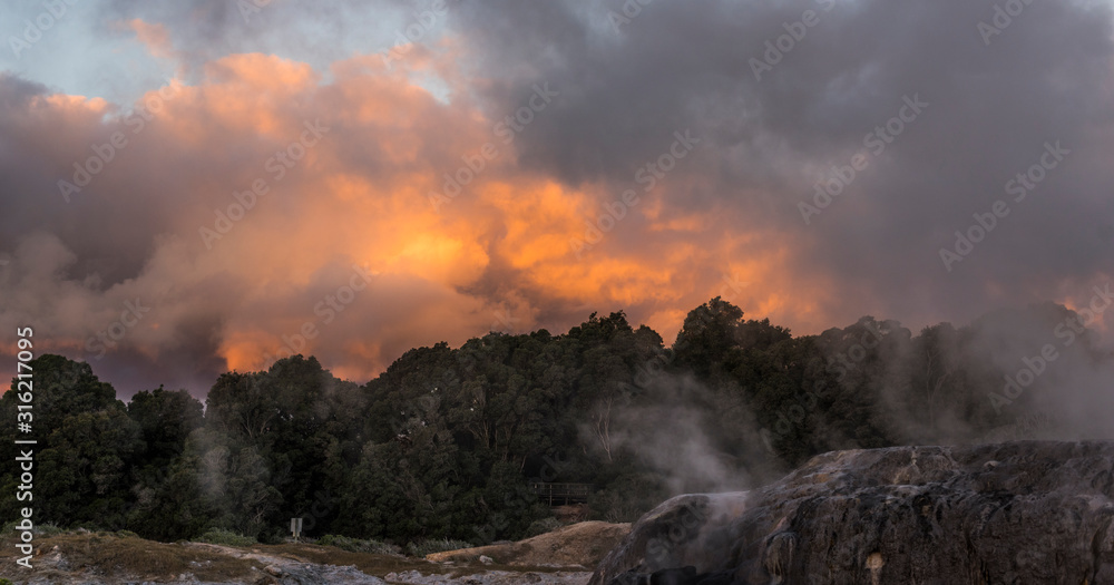 Sunset over Hot Mud Pools in Rotorua