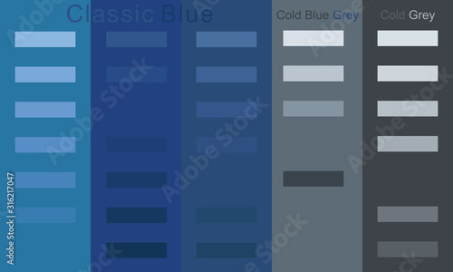 Classic Blue color to cool, cold blue grey color palette trend 2020 set.  Smooth gradient from light to dark. Unique color palettes for designers and architects. Conceptual color palettes vector.
