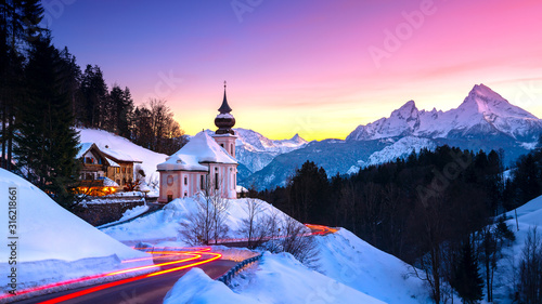 Beautiful view of famous Watzmann mountain peak on a cold day in winter