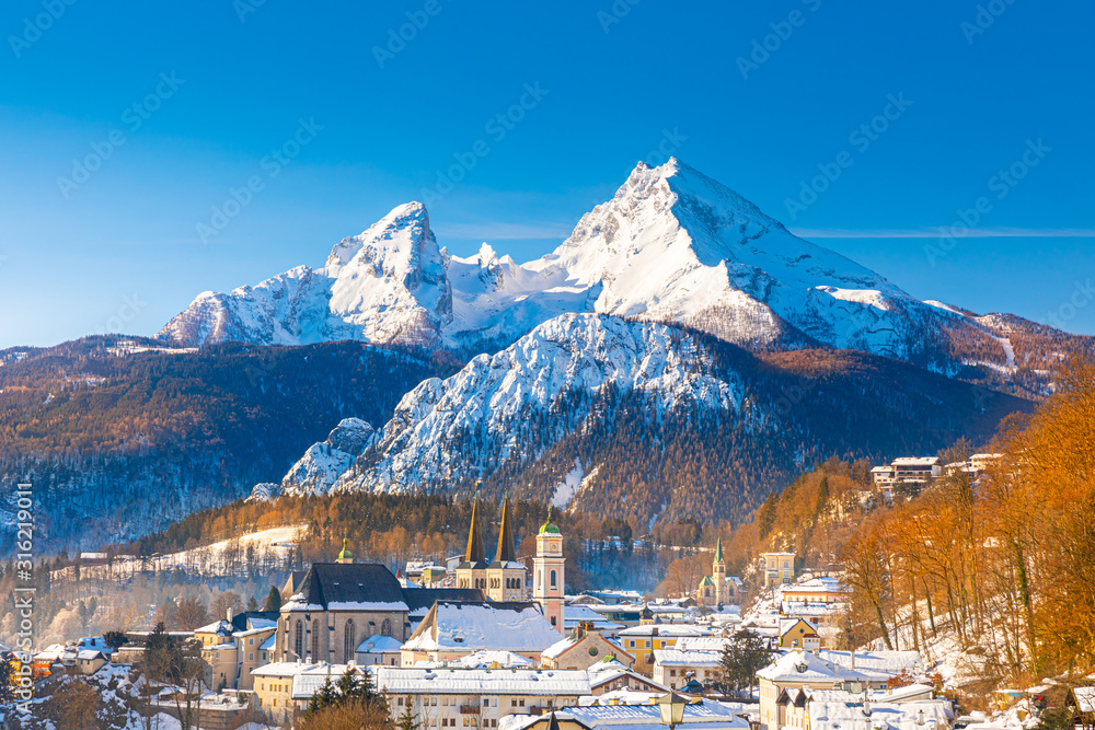 Beautiful view of famous Watzmann mountain peak on a cold day in winter
