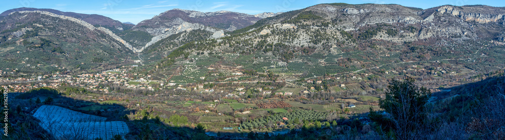 Panorama Buis-les-Baronnies is a commune and village in winter, Drome department in southeastern France