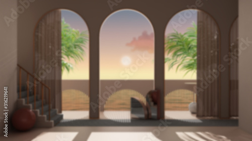 Canvas Print Blur background interior design, dreamy terrace, over sea sunset or sunrise sky,