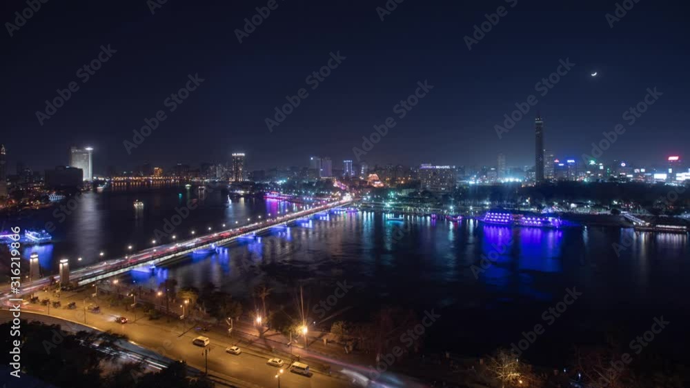 Time lapse shot at night for Nile river in Cairo Egypt Time lapse shot at night for Nile river in Cairo Egypt