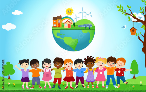 Group of diverse and multiethnic children embracing each other. Unity for an ecological world with eco and sustainable energy. Globe with solar cell and wind turbines. Save our planet
