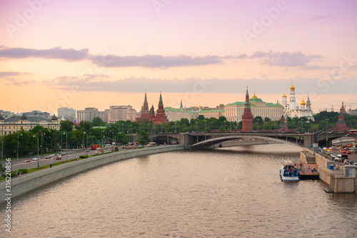 Moscow Kremlin at Moscow River, Russia. Panorama of old Moscow in summer evening. Beautiful cityscape of the famous Moscow center.