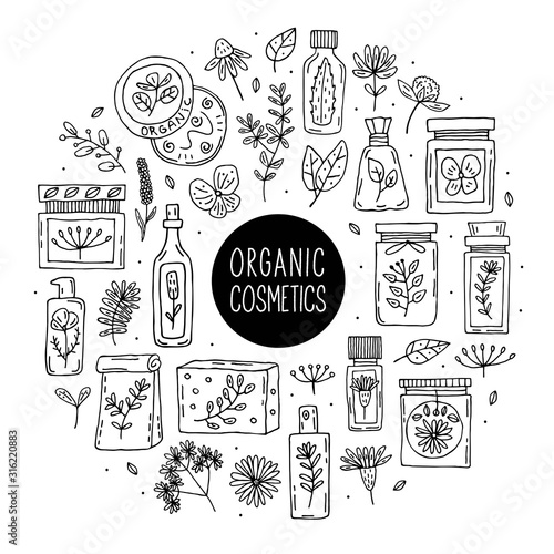 Natural organic cosmetics with plants  doodle vector clipart, set of elements. Isolated on white background. Herbs. Organic ingredients. Eco friendly, vegan cosmetics. Vegan. Sticker, icon.