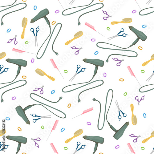 Seamless pattern with groomer salon tools. Pet grooming design. Vector illustration for pet hair salon, styling and grooming shop, pet store for dogs and cats. Banner and poster design.
