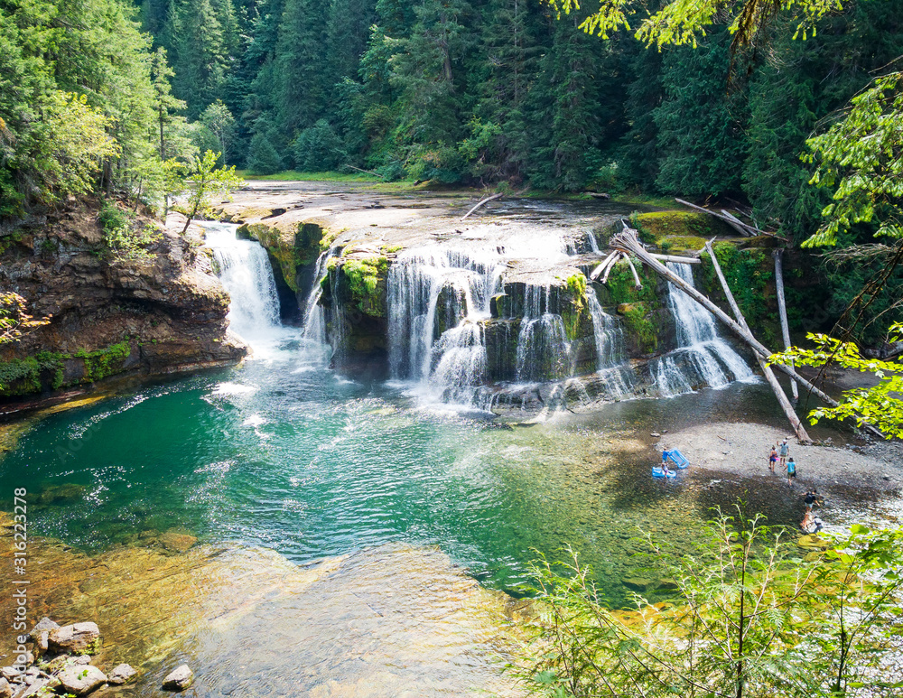 Fototapeta Stunning aerial photos of Lower Lewis River Falls on the majestic Lewis River in Skamania County and the Gifford Pinchot National Forest in Washington State