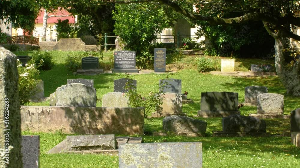 Old graveyard with historic church in the background Old graveyard with historic church in the background