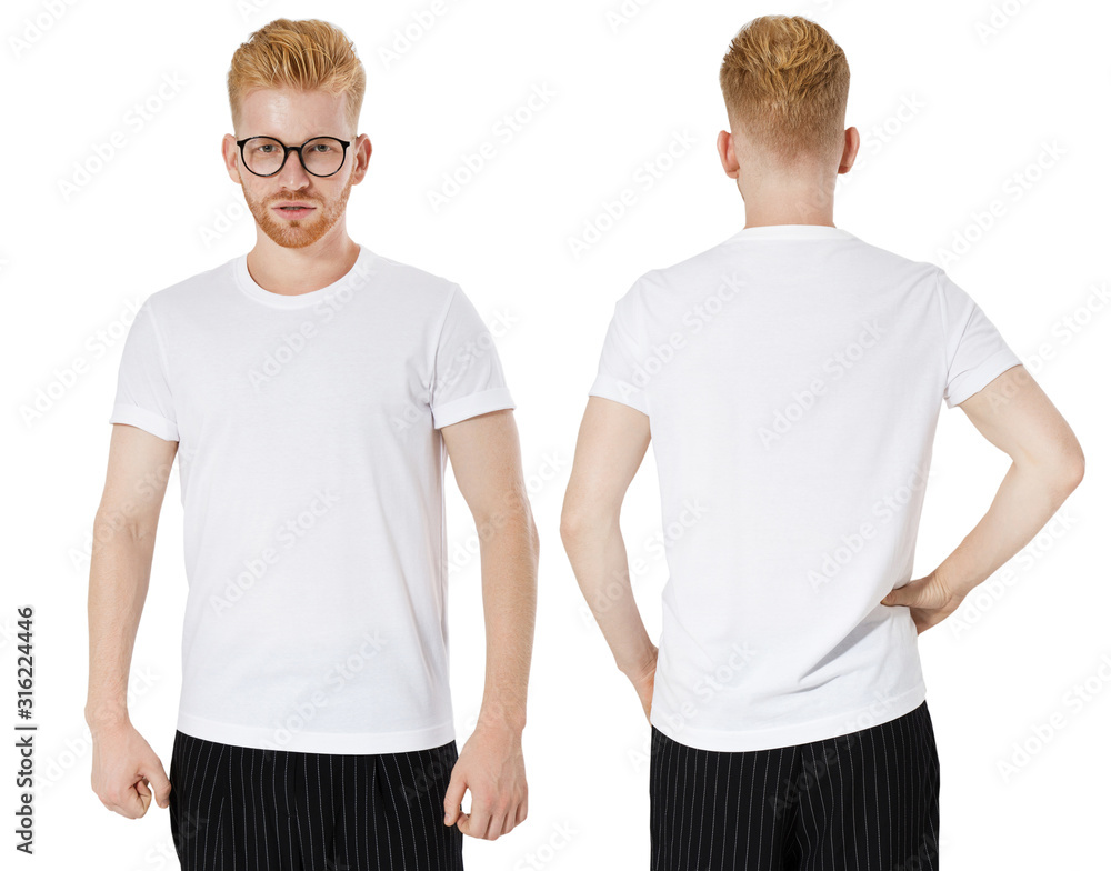 A man with glasses in an empty clean white t-shirt. Isolated on white background. Tshirt mockup copyspace A man with glasses in an empty clean white t-shirt. Isolated on white background. Tshirt mockup copyspace
